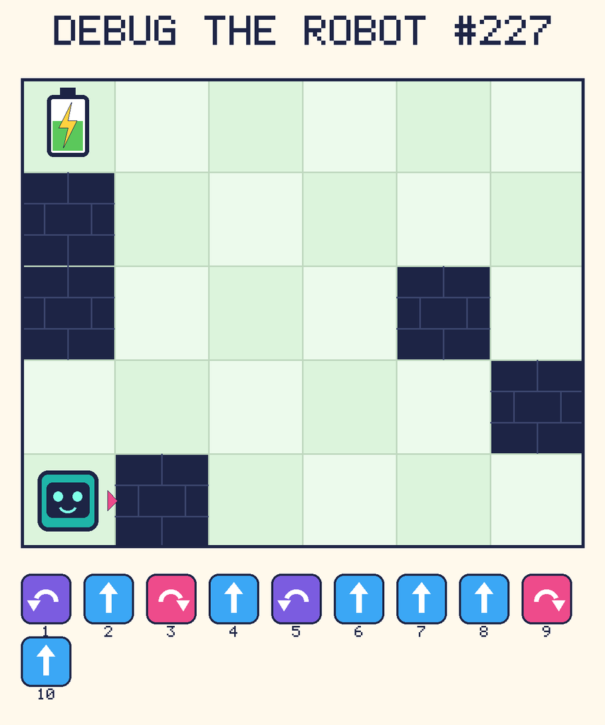 Debug the Robot 227. Beep starts at column 1, row 5, facing right. The battery is at column 1, row 1. Grid squares are counted from the top-left corner. Dark brick squares are walls.