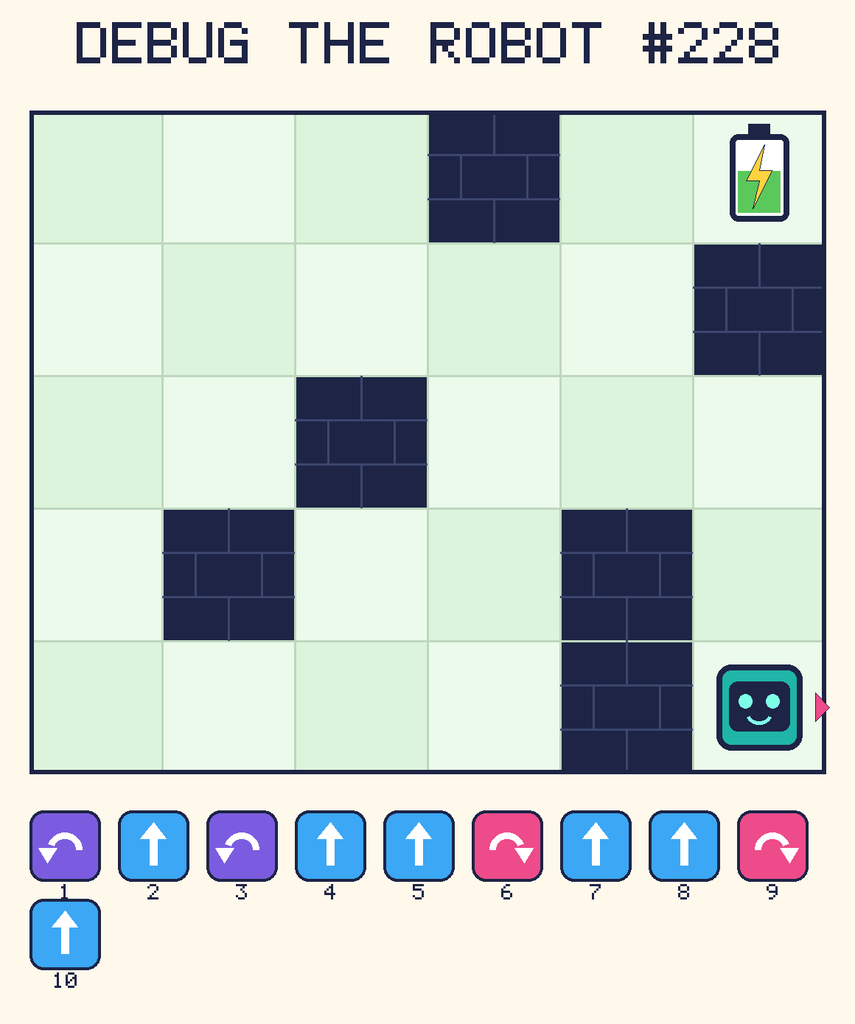 Debug the Robot 228. Beep starts at column 6, row 5, facing right. The battery is at column 6, row 1. Grid squares are counted from the top-left corner. Dark brick squares are walls.