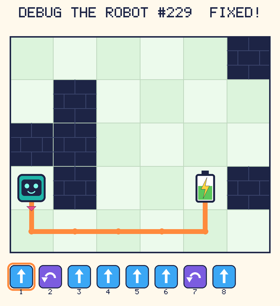 The fixed program, with Beep's route to the battery drawn as an orange line.