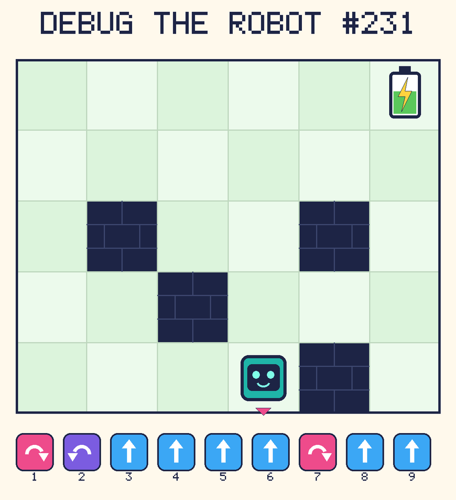 Debug the Robot 231. Beep starts at column 4, row 5, facing down. The battery is at column 6, row 1. Grid squares are counted from the top-left corner. Dark brick squares are walls.