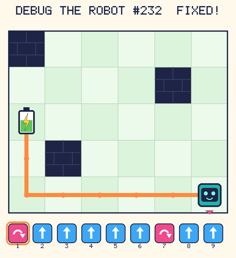 The fixed program, with Beep's route to the battery drawn as an orange line.