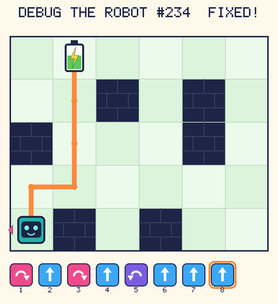 The fixed program, with Beep's route to the battery drawn as an orange line.