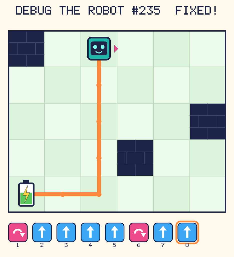 The fixed program, with Beep's route to the battery drawn as an orange line.