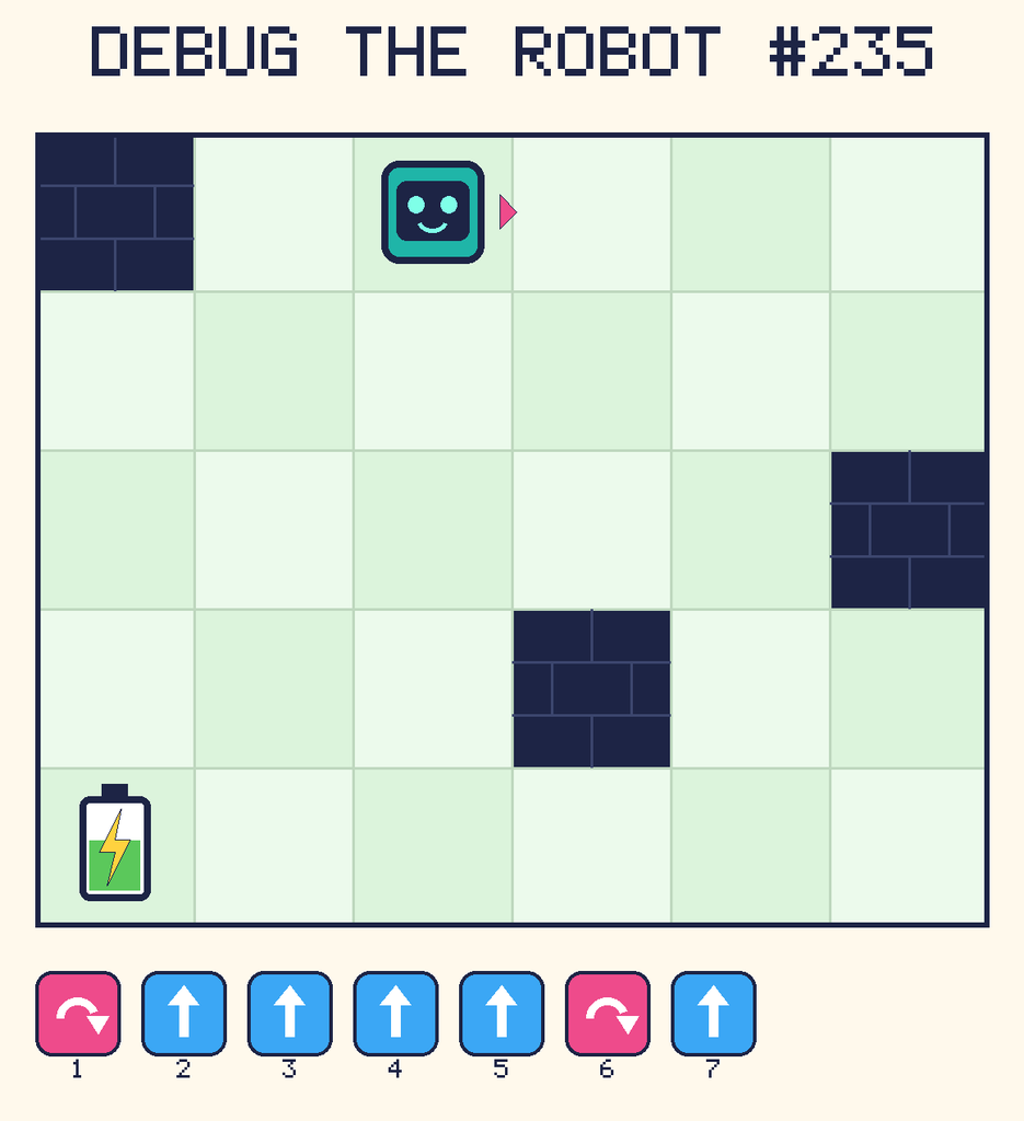 Debug the Robot 235. Beep starts at column 3, row 1, facing right. The battery is at column 1, row 5. Grid squares are counted from the top-left corner. Dark brick squares are walls.