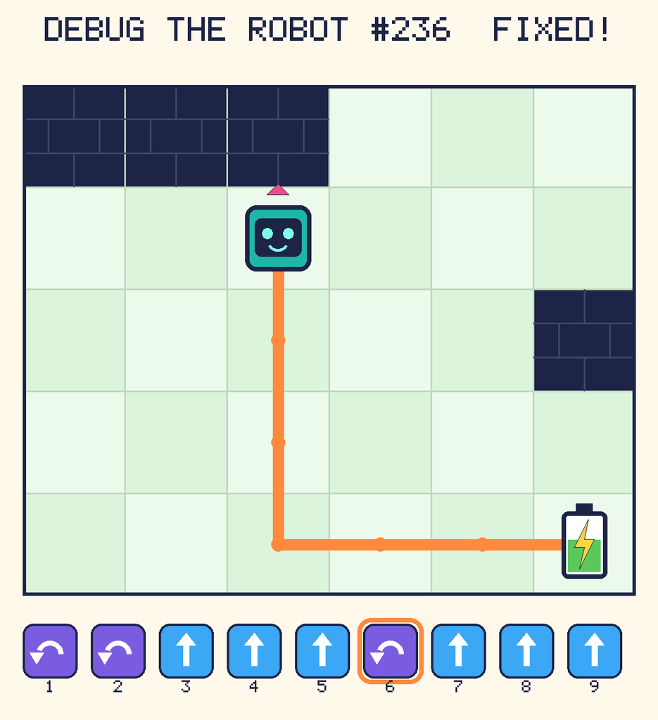 The fixed program, with Beep's route to the battery drawn as an orange line.