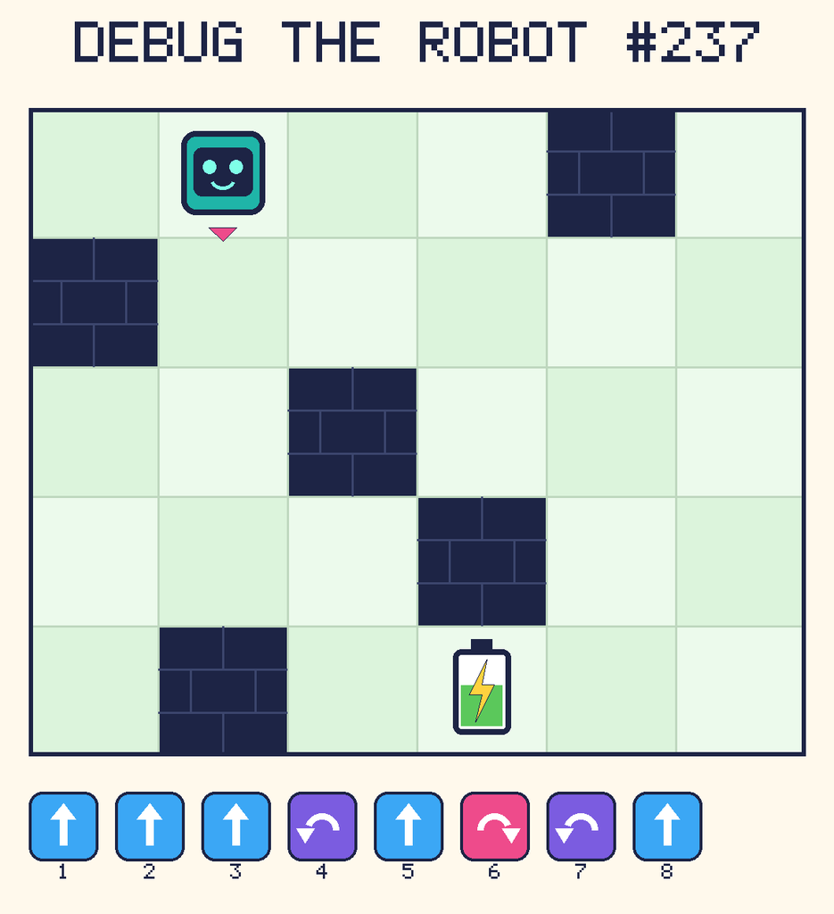 Debug the Robot 237. Beep starts at column 2, row 1, facing down. The battery is at column 4, row 5. Grid squares are counted from the top-left corner. Dark brick squares are walls.