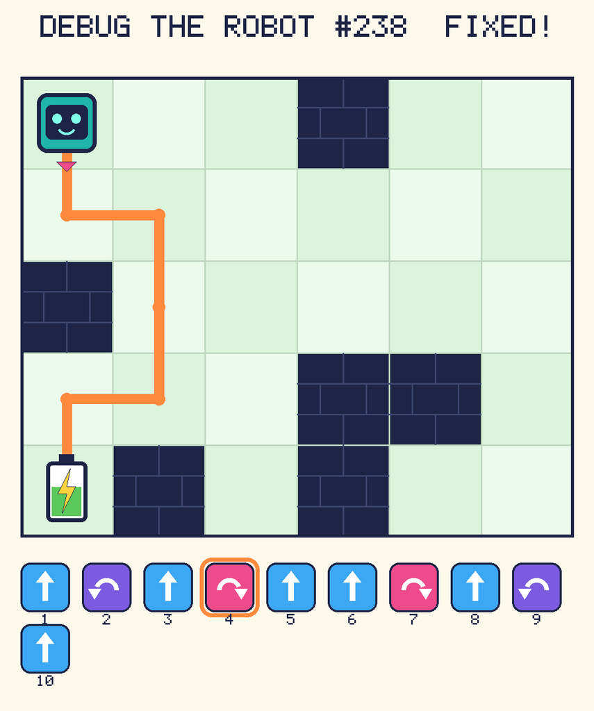 The fixed program, with Beep's route to the battery drawn as an orange line.