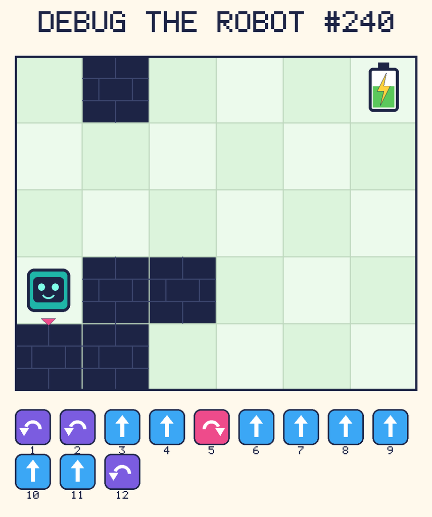Debug the Robot 240. Beep starts at column 1, row 4, facing down. The battery is at column 6, row 1. Grid squares are counted from the top-left corner. Dark brick squares are walls.
