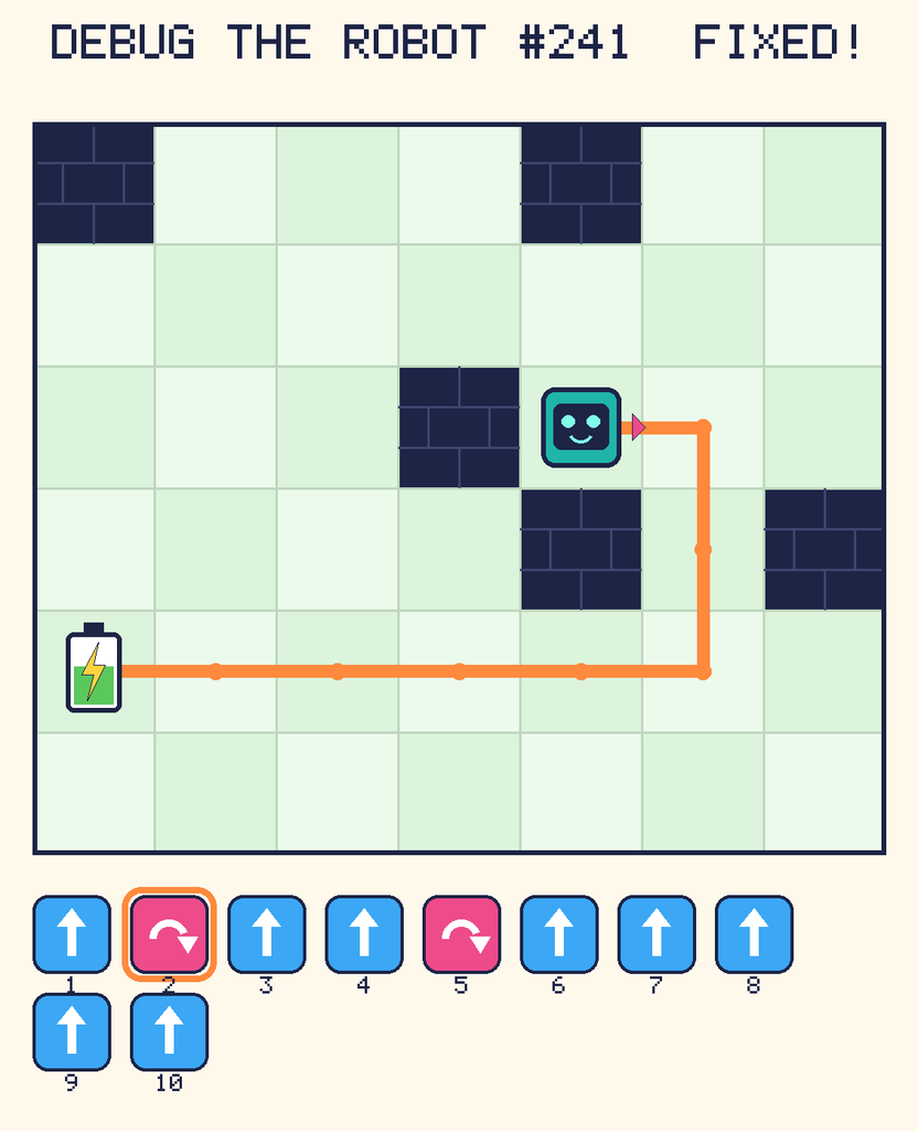 The fixed program, with Beep's route to the battery drawn as an orange line.