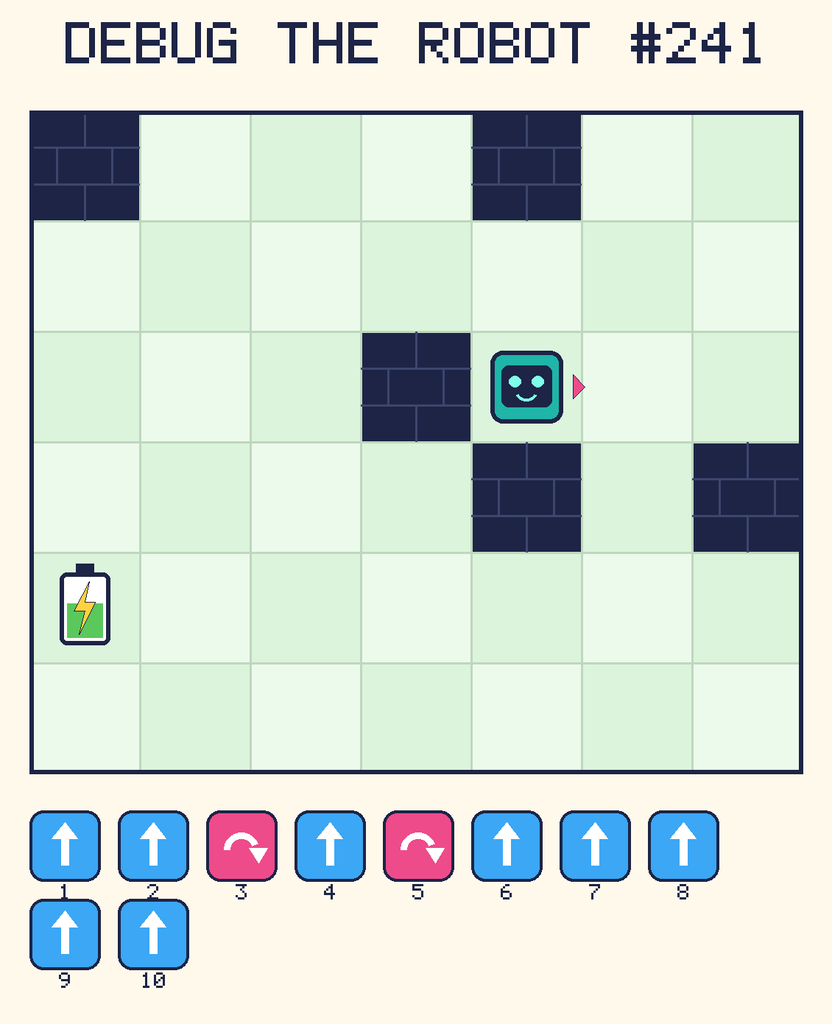 Debug the Robot 241. Beep starts at column 5, row 3, facing right. The battery is at column 1, row 5. Grid squares are counted from the top-left corner. Dark brick squares are walls.