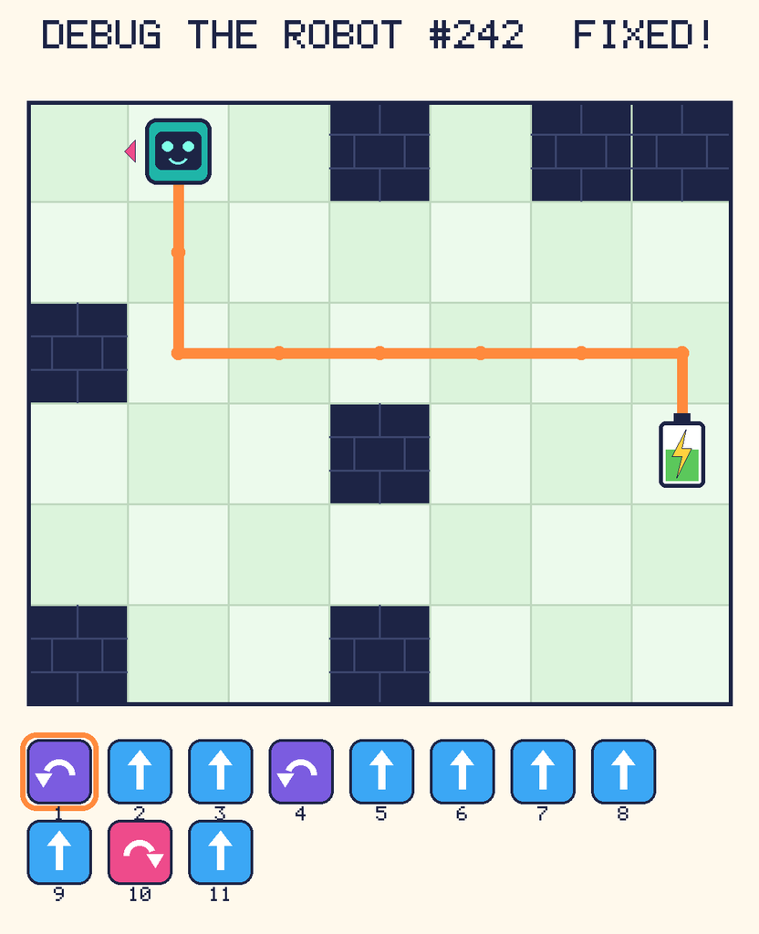 The fixed program, with Beep's route to the battery drawn as an orange line.