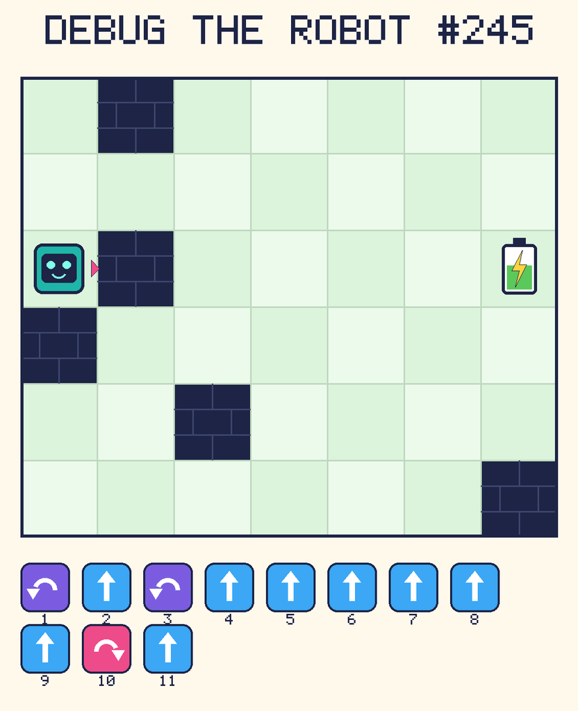 Debug the Robot 245. Beep starts at column 1, row 3, facing right. The battery is at column 7, row 3. Grid squares are counted from the top-left corner. Dark brick squares are walls.