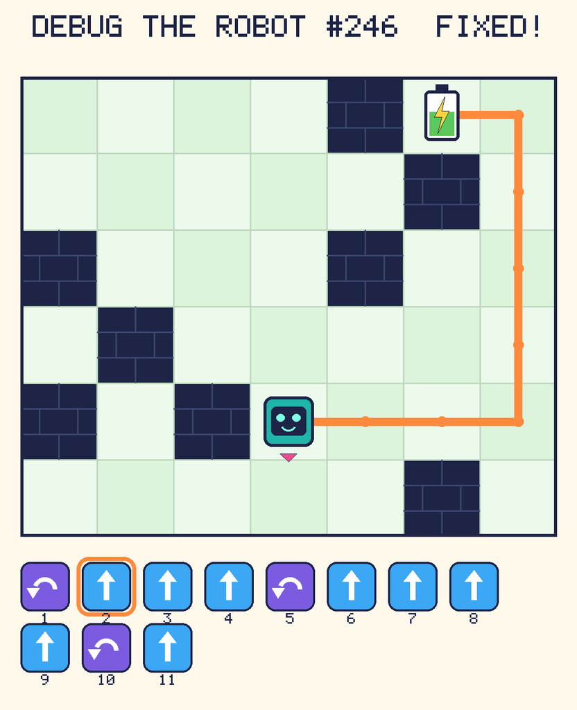 The fixed program, with Beep's route to the battery drawn as an orange line.