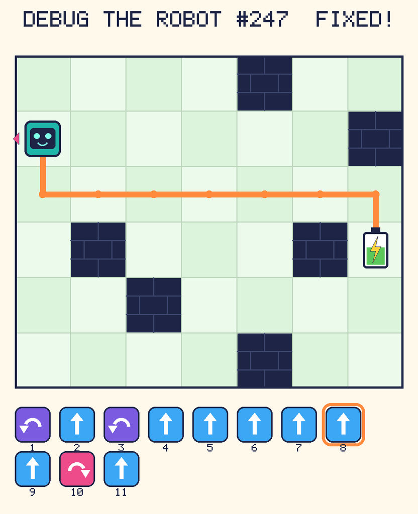 The fixed program, with Beep's route to the battery drawn as an orange line.