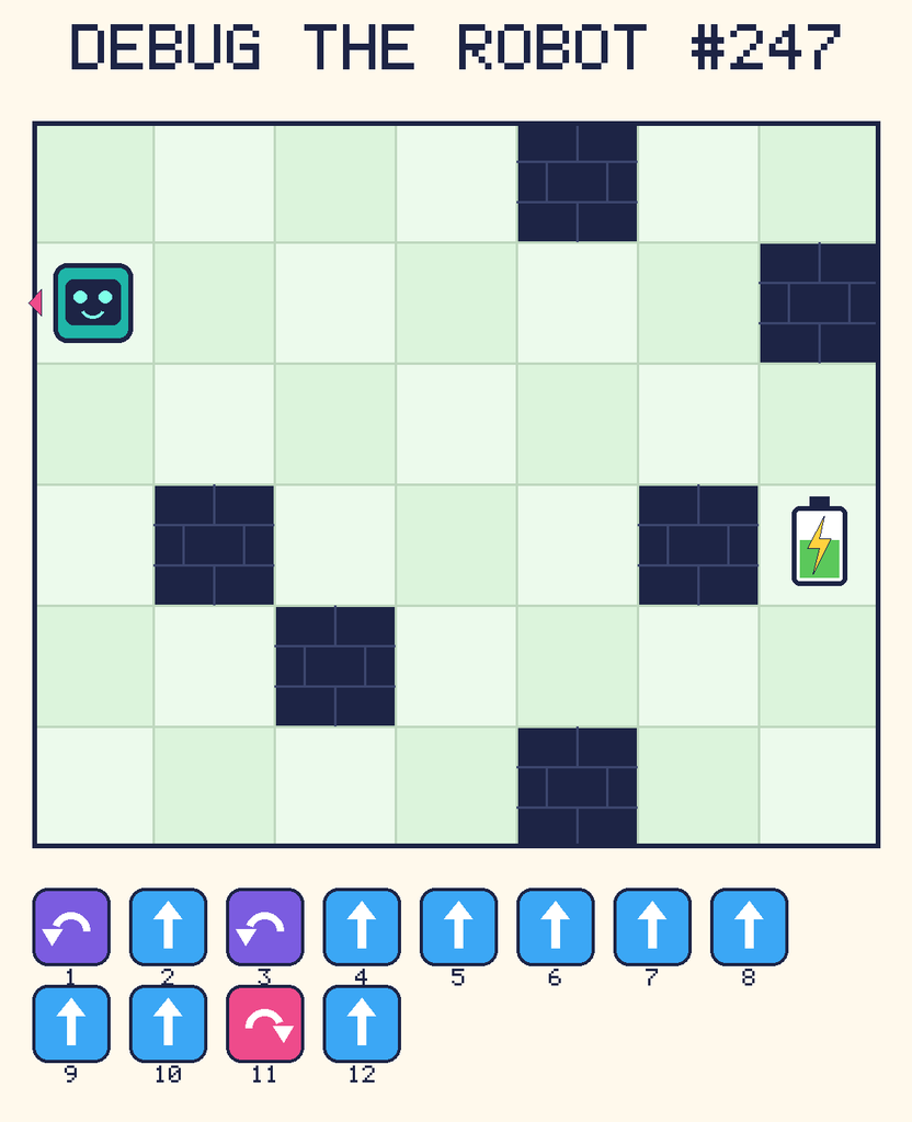 Debug the Robot 247. Beep starts at column 1, row 2, facing left. The battery is at column 7, row 4. Grid squares are counted from the top-left corner. Dark brick squares are walls.