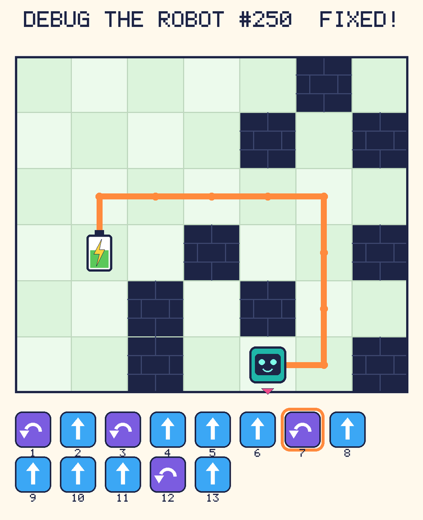 The fixed program, with Beep's route to the battery drawn as an orange line.