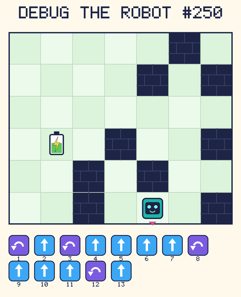 Debug the Robot 250. Beep starts at column 5, row 6, facing down. The battery is at column 2, row 4. Grid squares are counted from the top-left corner. Dark brick squares are walls.