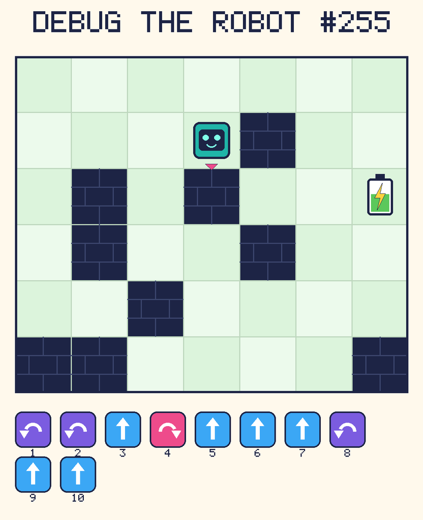 Debug the Robot 255. Beep starts at column 4, row 2, facing down. The battery is at column 7, row 3. Grid squares are counted from the top-left corner. Dark brick squares are walls.