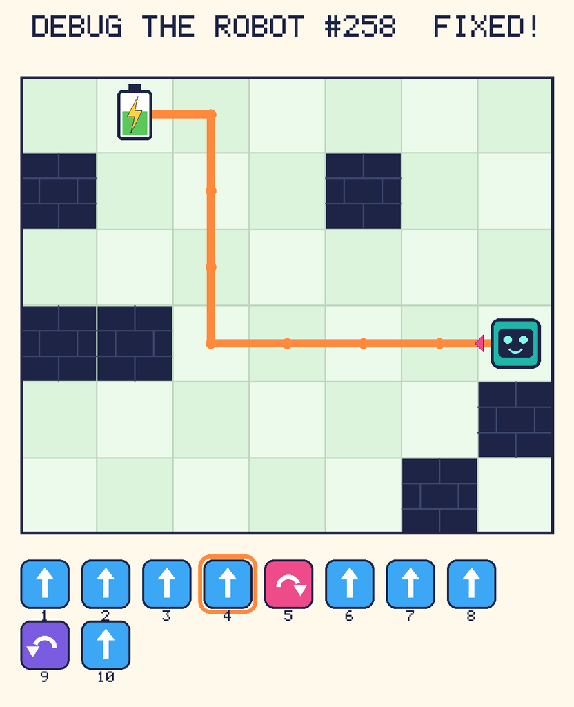 The fixed program, with Beep's route to the battery drawn as an orange line.