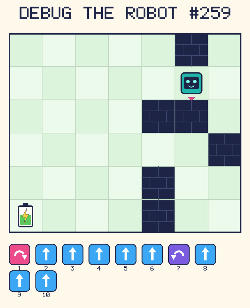 Debug the Robot 259. Beep starts at column 6, row 2, facing down. The battery is at column 1, row 6. Grid squares are counted from the top-left corner. Dark brick squares are walls.