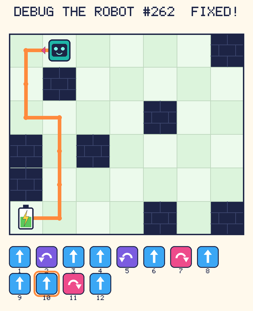 The fixed program, with Beep's route to the battery drawn as an orange line.