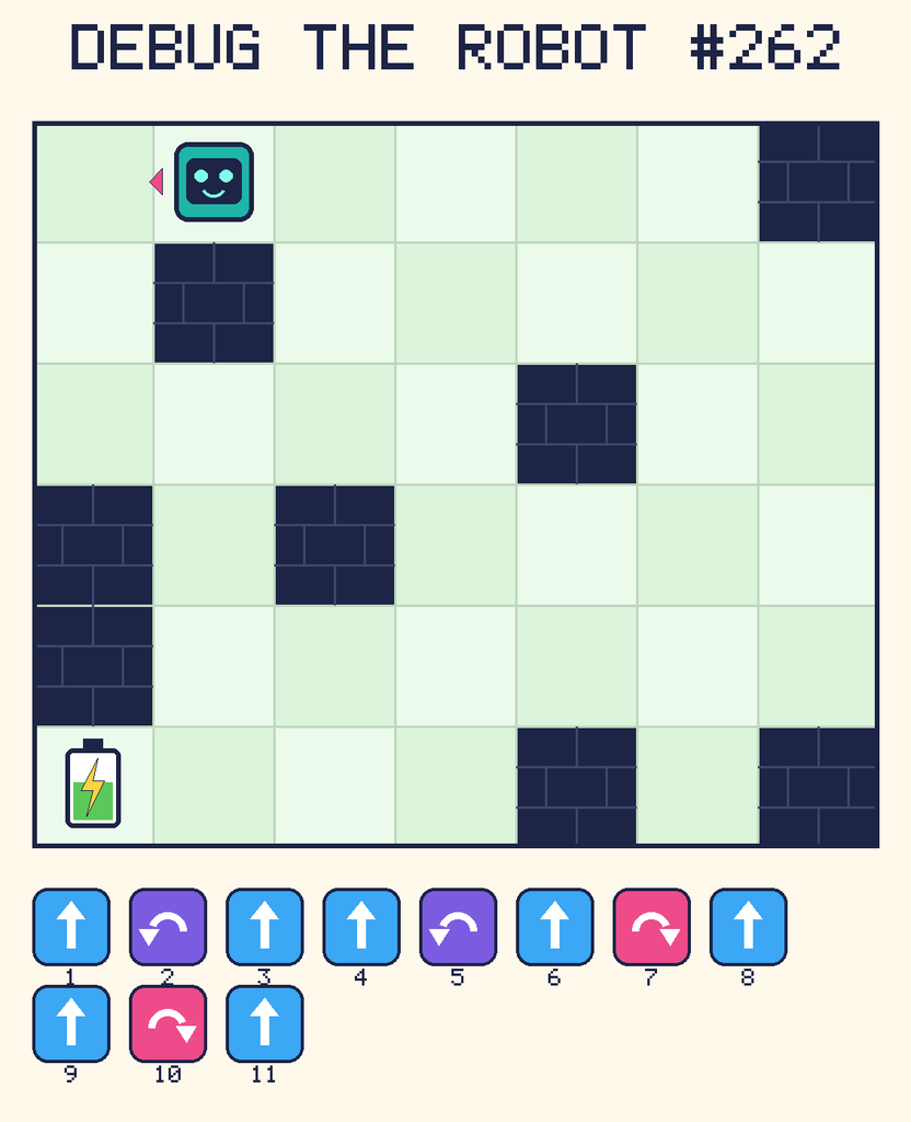 Debug the Robot 262. Beep starts at column 2, row 1, facing left. The battery is at column 1, row 6. Grid squares are counted from the top-left corner. Dark brick squares are walls.
