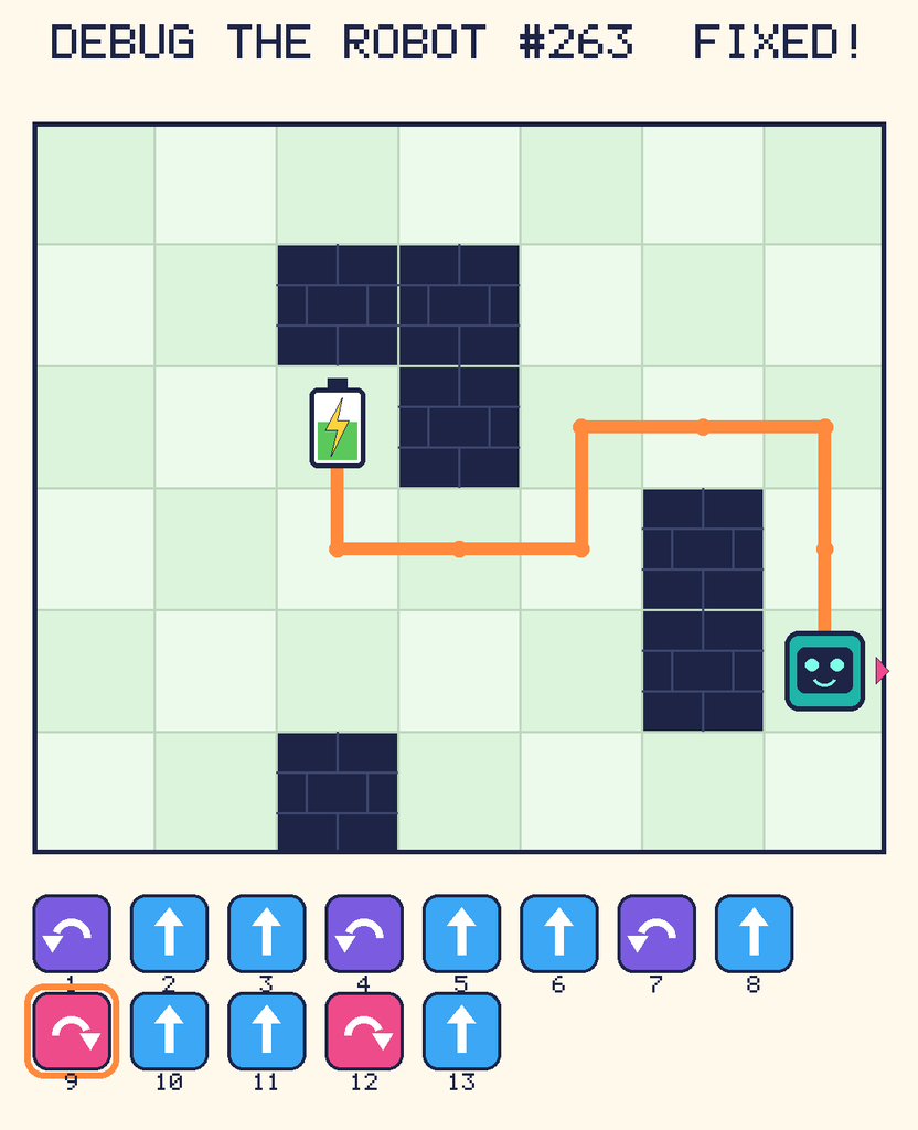 The fixed program, with Beep's route to the battery drawn as an orange line.
