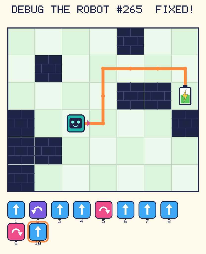 The fixed program, with Beep's route to the battery drawn as an orange line.