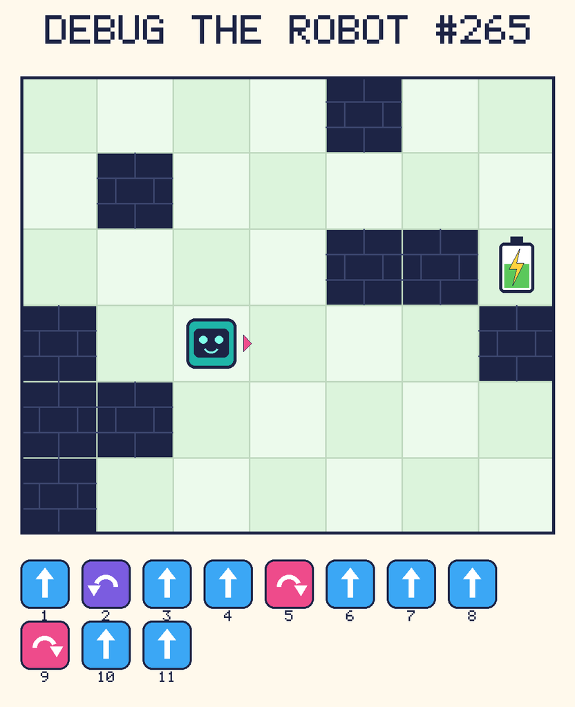Debug the Robot 265. Beep starts at column 3, row 4, facing right. The battery is at column 7, row 3. Grid squares are counted from the top-left corner. Dark brick squares are walls.