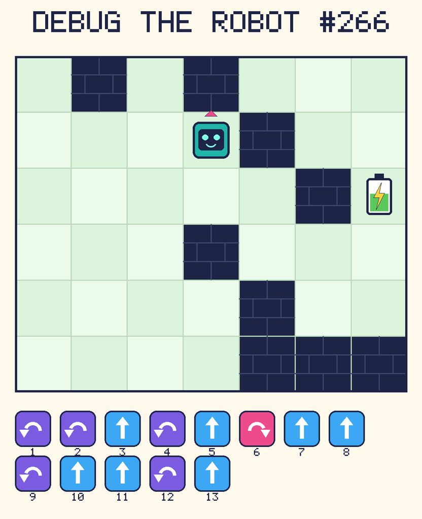 Debug the Robot 266. Beep starts at column 4, row 2, facing up. The battery is at column 7, row 3. Grid squares are counted from the top-left corner. Dark brick squares are walls.
