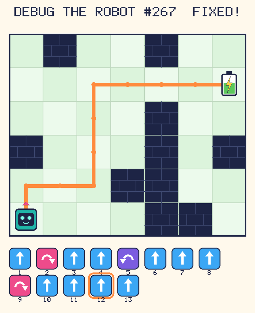 The fixed program, with Beep's route to the battery drawn as an orange line.