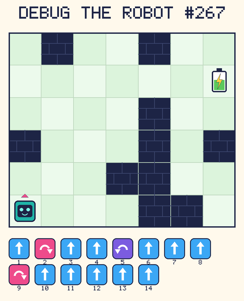 Debug the Robot 267. Beep starts at column 1, row 6, facing up. The battery is at column 7, row 2. Grid squares are counted from the top-left corner. Dark brick squares are walls.