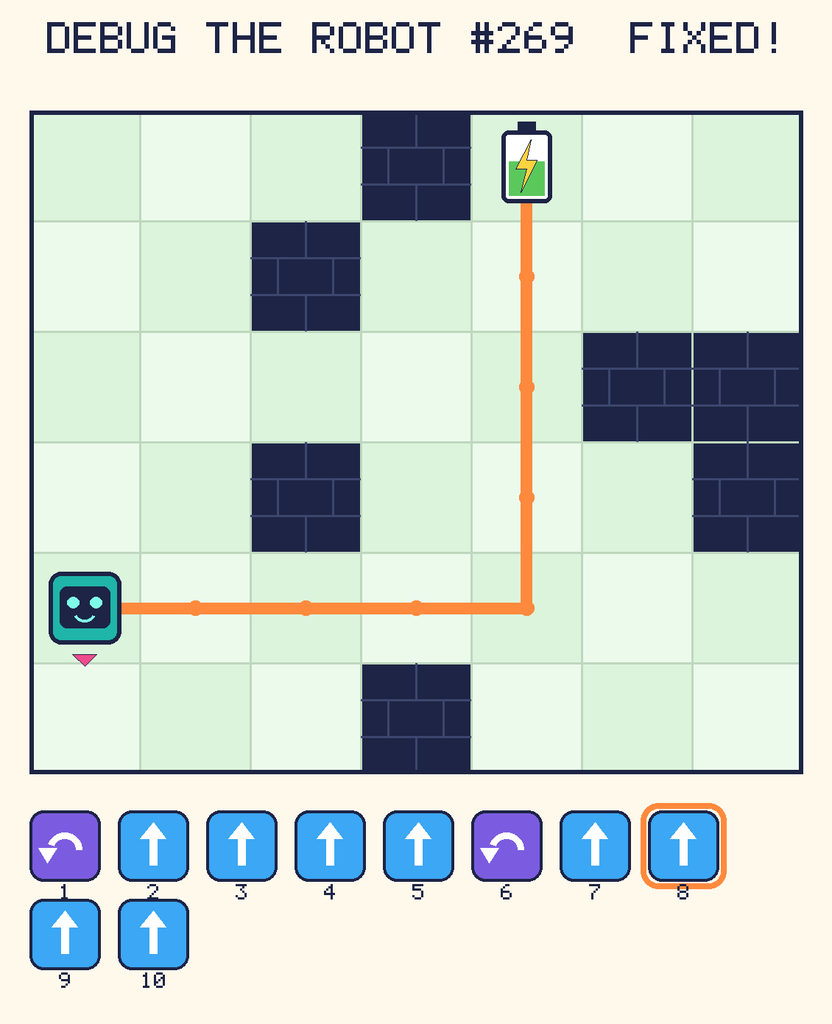 The fixed program, with Beep's route to the battery drawn as an orange line.