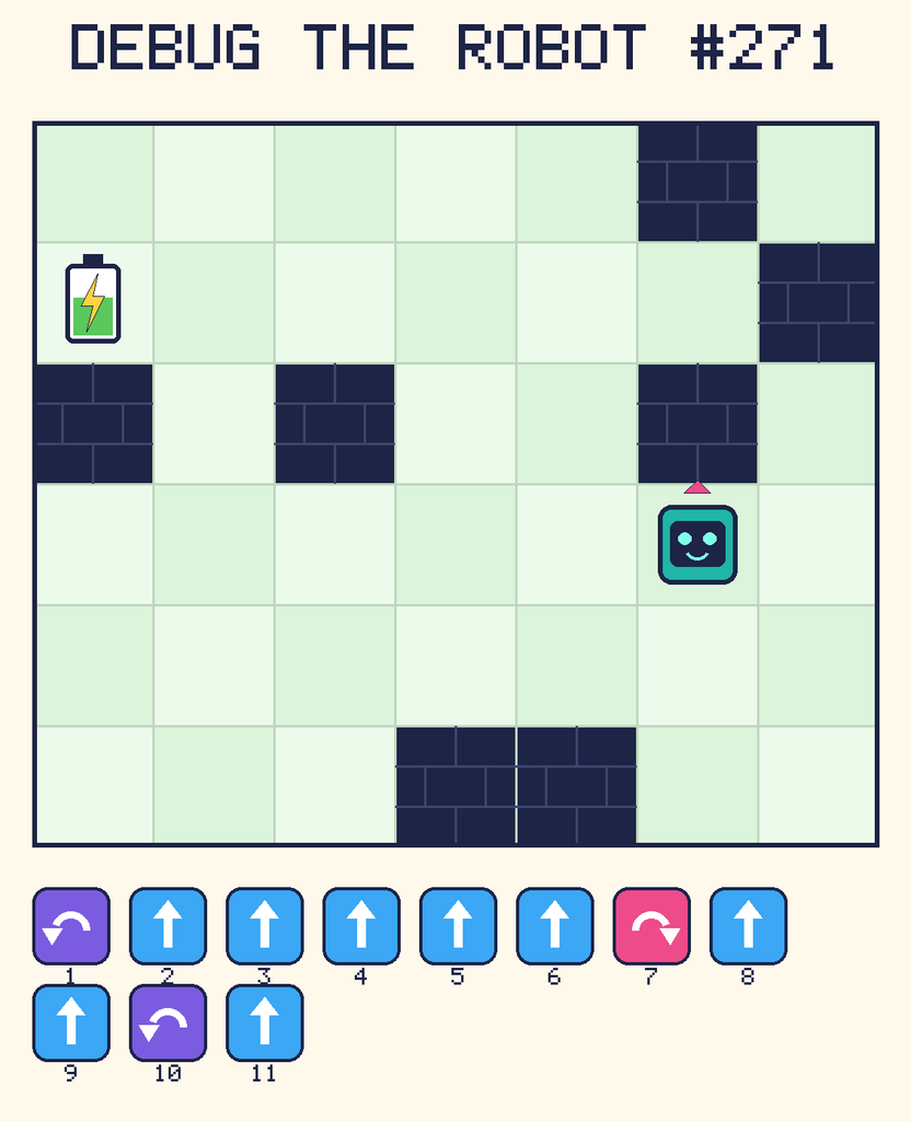 Debug the Robot 271. Beep starts at column 6, row 4, facing up. The battery is at column 1, row 2. Grid squares are counted from the top-left corner. Dark brick squares are walls.