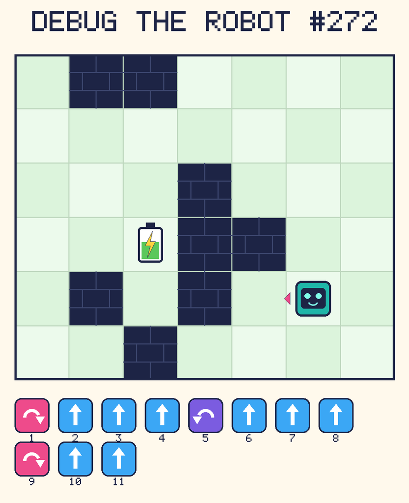 Debug the Robot 272. Beep starts at column 6, row 5, facing left. The battery is at column 3, row 4. Grid squares are counted from the top-left corner. Dark brick squares are walls.