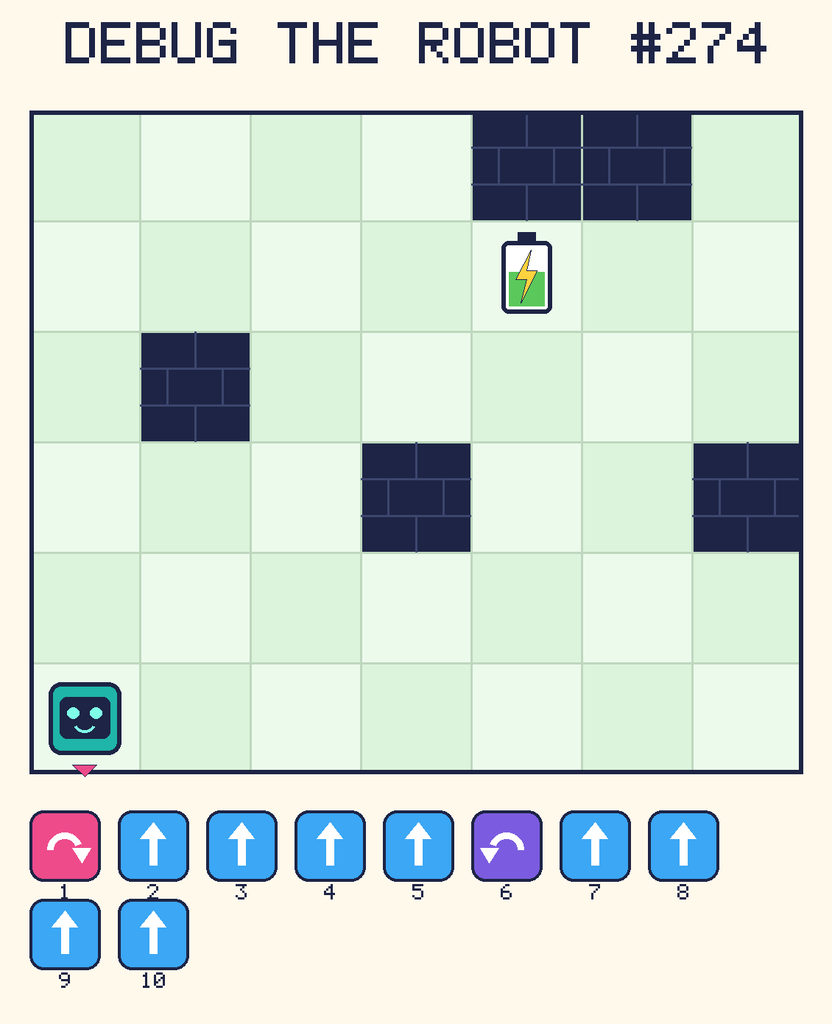 Debug the Robot 274. Beep starts at column 1, row 6, facing down. The battery is at column 5, row 2. Grid squares are counted from the top-left corner. Dark brick squares are walls.