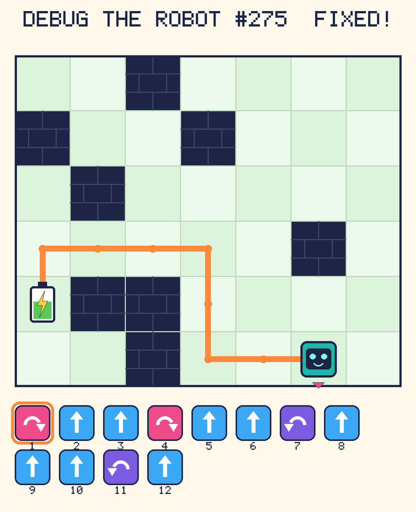 The fixed program, with Beep's route to the battery drawn as an orange line.