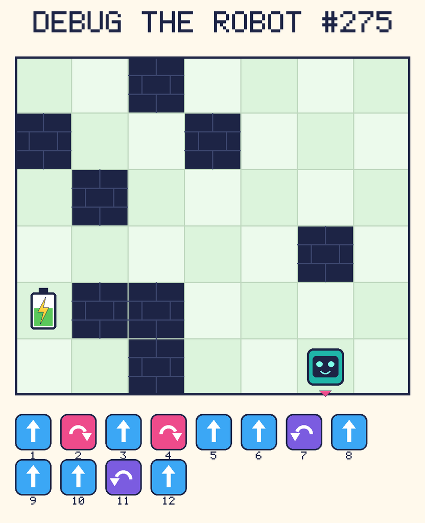 Debug the Robot 275. Beep starts at column 6, row 6, facing down. The battery is at column 1, row 5. Grid squares are counted from the top-left corner. Dark brick squares are walls.