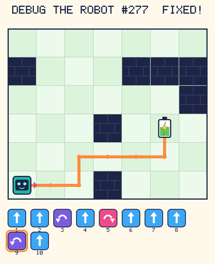The fixed program, with Beep's route to the battery drawn as an orange line.