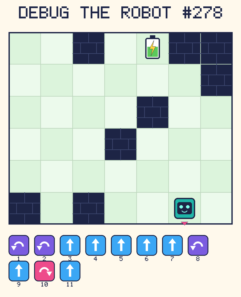 Debug the Robot 278. Beep starts at column 6, row 6, facing down. The battery is at column 5, row 1. Grid squares are counted from the top-left corner. Dark brick squares are walls.