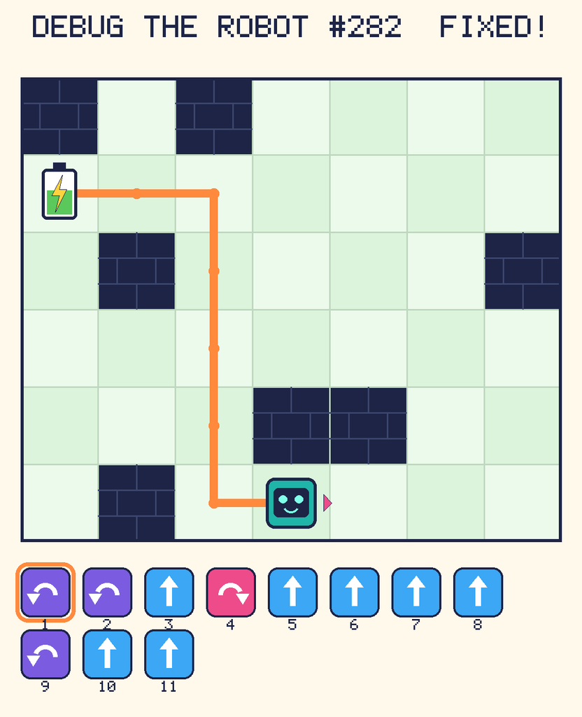 The fixed program, with Beep's route to the battery drawn as an orange line.