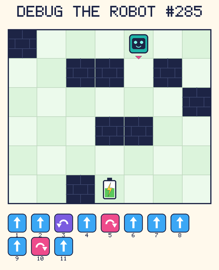 Debug the Robot 285. Beep starts at column 5, row 1, facing down. The battery is at column 4, row 6. Grid squares are counted from the top-left corner. Dark brick squares are walls.