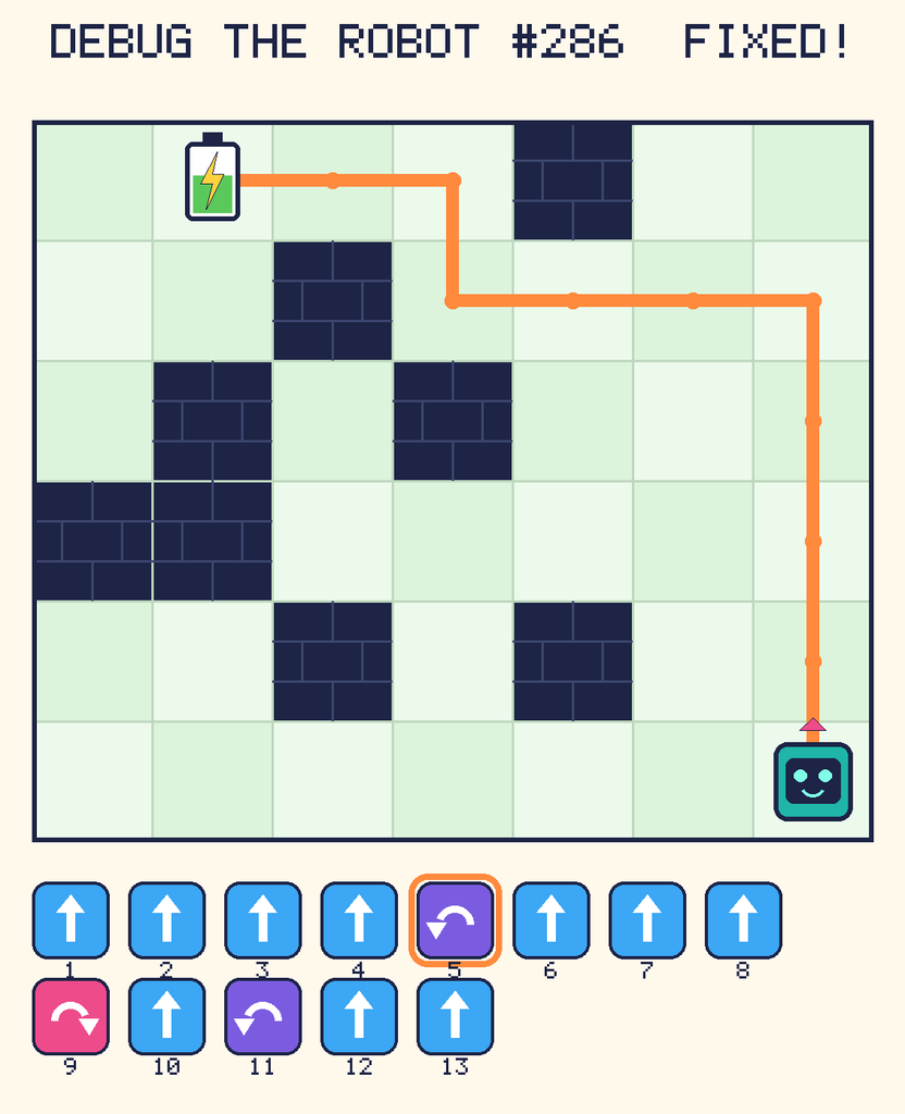 The fixed program, with Beep's route to the battery drawn as an orange line.
