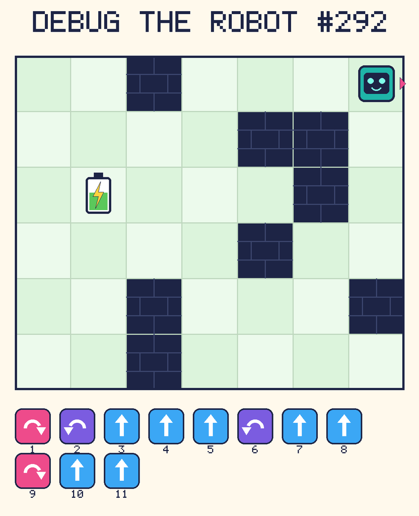 Debug the Robot 292. Beep starts at column 7, row 1, facing right. The battery is at column 2, row 3. Grid squares are counted from the top-left corner. Dark brick squares are walls.