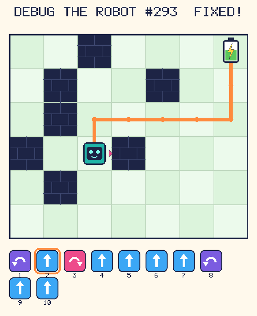 The fixed program, with Beep's route to the battery drawn as an orange line.