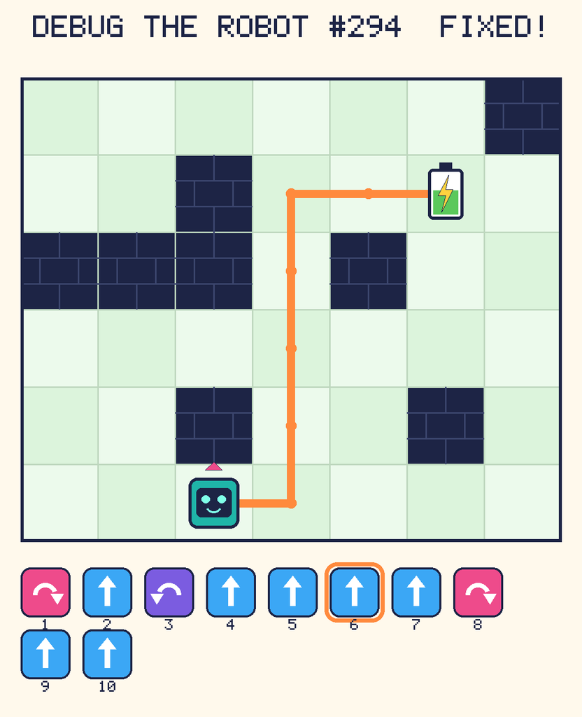 The fixed program, with Beep's route to the battery drawn as an orange line.