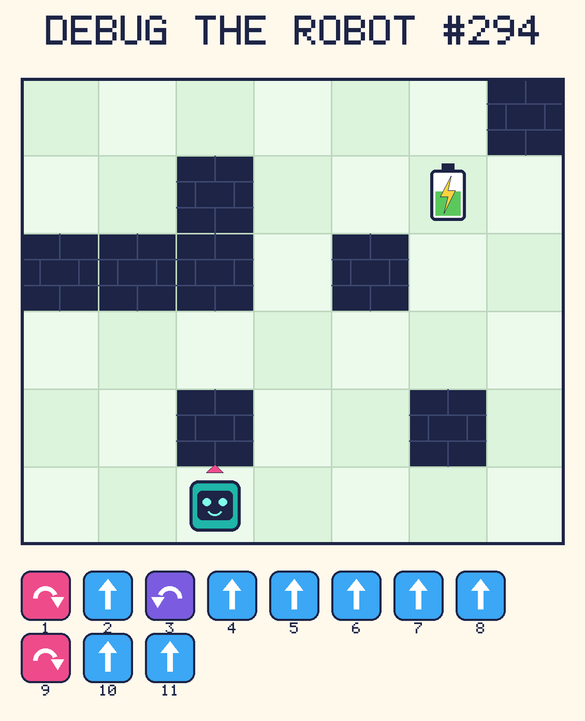 Debug the Robot 294. Beep starts at column 3, row 6, facing up. The battery is at column 6, row 2. Grid squares are counted from the top-left corner. Dark brick squares are walls.