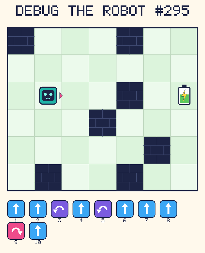 Debug the Robot 295. Beep starts at column 2, row 3, facing right. The battery is at column 7, row 3. Grid squares are counted from the top-left corner. Dark brick squares are walls.