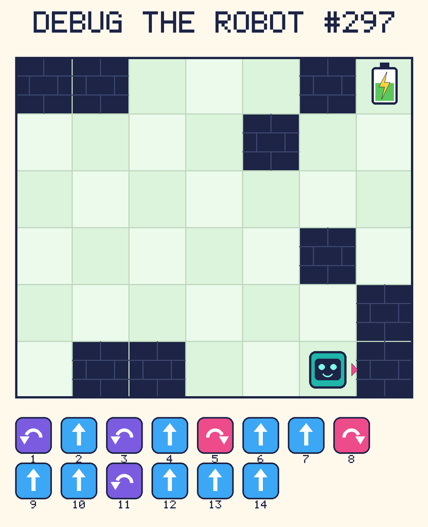 Debug the Robot 297. Beep starts at column 6, row 6, facing right. The battery is at column 7, row 1. Grid squares are counted from the top-left corner. Dark brick squares are walls.