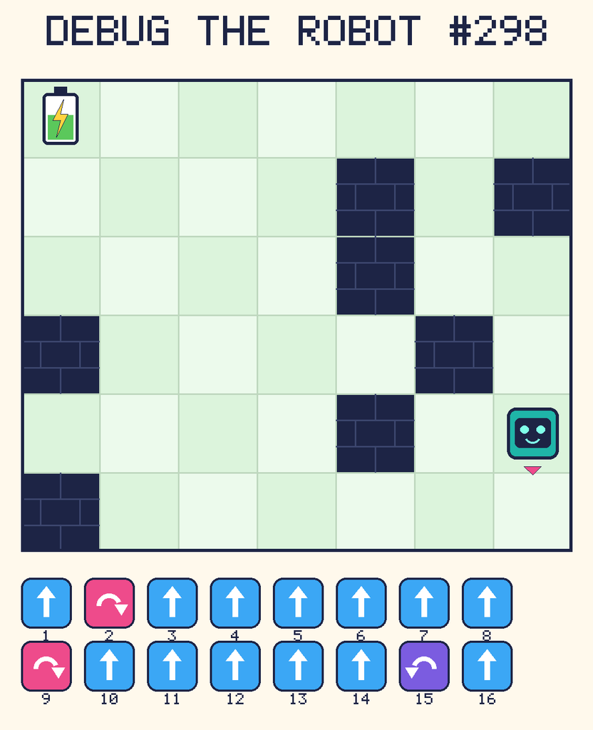 Debug the Robot 298. Beep starts at column 7, row 5, facing down. The battery is at column 1, row 1. Grid squares are counted from the top-left corner. Dark brick squares are walls.